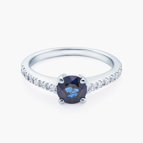 Pierścionek zaręczynowy SAVICKI: białe złoto, niebieski szafir